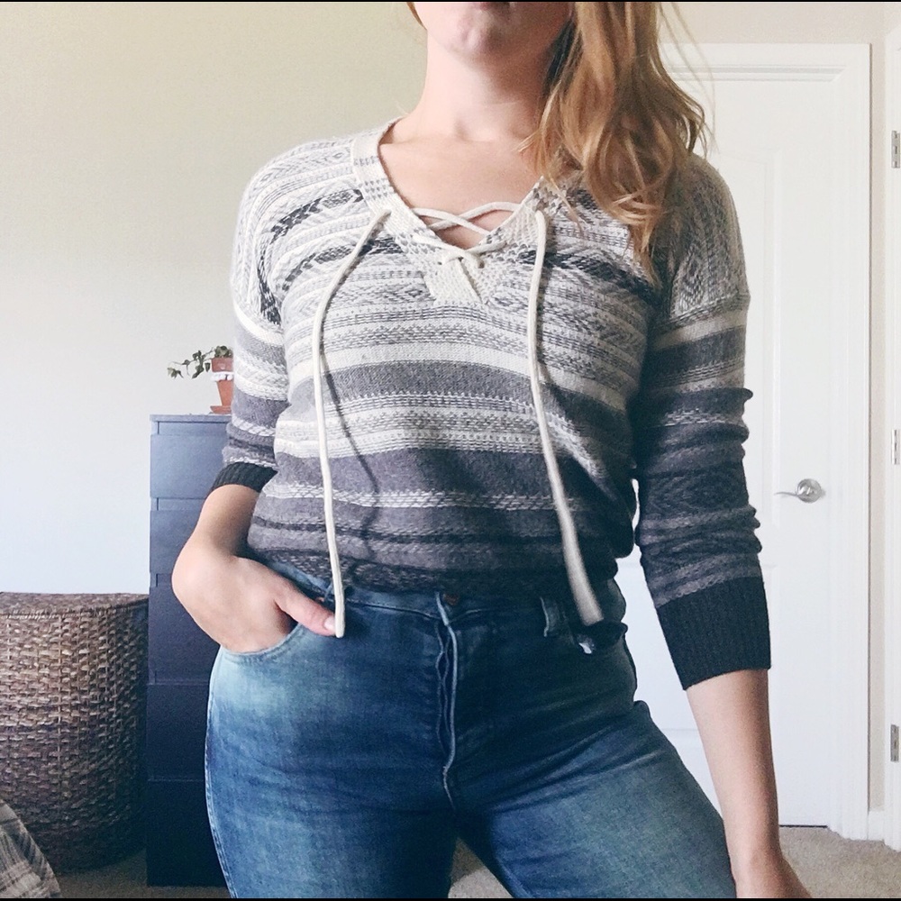 Grey & white faire isle sweater w lace up neckline